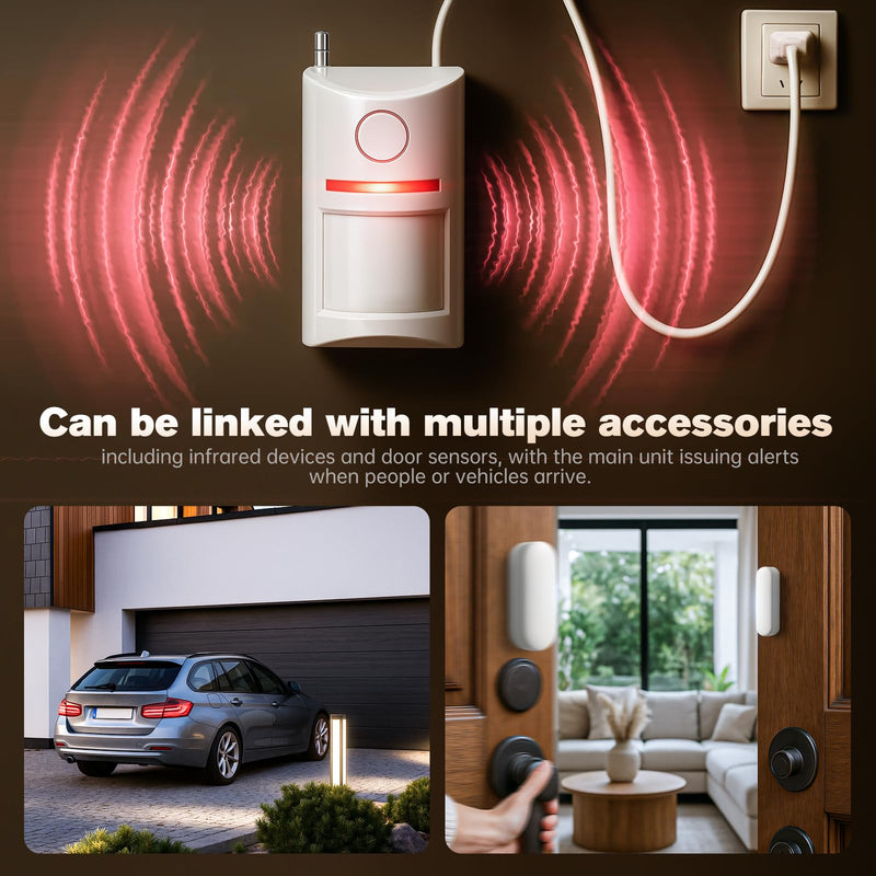 Wireless Motion Sensor Alarm & Doorbell Chime - AC Plug-in Security Alert with Remote - 90dB Infrared Detector for Business, Office & Garage (1 Motion Alarm + 1 Remote) 1 Motion Alarm + 1 Remote