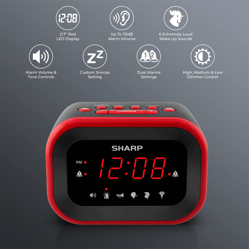 [Australia - AusPower] - Sharp Big Bang Super Loud Alarm Clock for Heavy Sleepers, 6 Extremely Loud Wake Up Sounds: Rooster, Bugle, Nagging Mom, Jackhammer, Siren, Beep – Up to 115db Volume, Red/Black with Red LED Display 