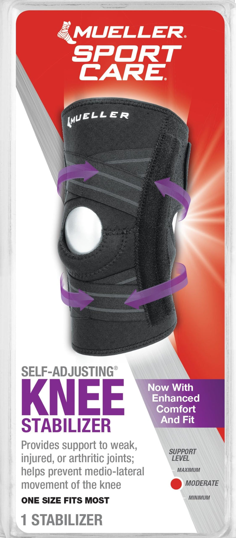 [Australia - AusPower] - MUELLER Sports Medicine Self Adjusting Knee Stabilizer, Knee Pain Relief Support for Men and Women, Ideal for Arthritis, Sprains, Black, One Size 