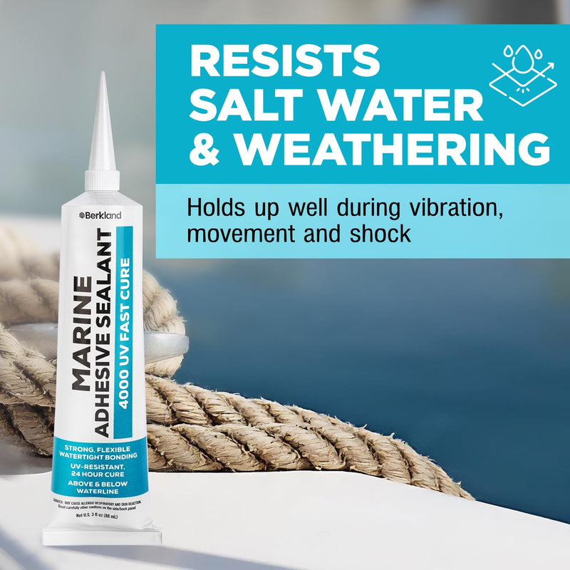 3 oz Marine Adhesive Sealant 4000/4200 Fast Cure UV (White) - Sem-Permanent, Flexible Bonding and Sealing - UV Resistant, above & below Waterline - Compare to 06560 and 05260 FC M - by Berkland