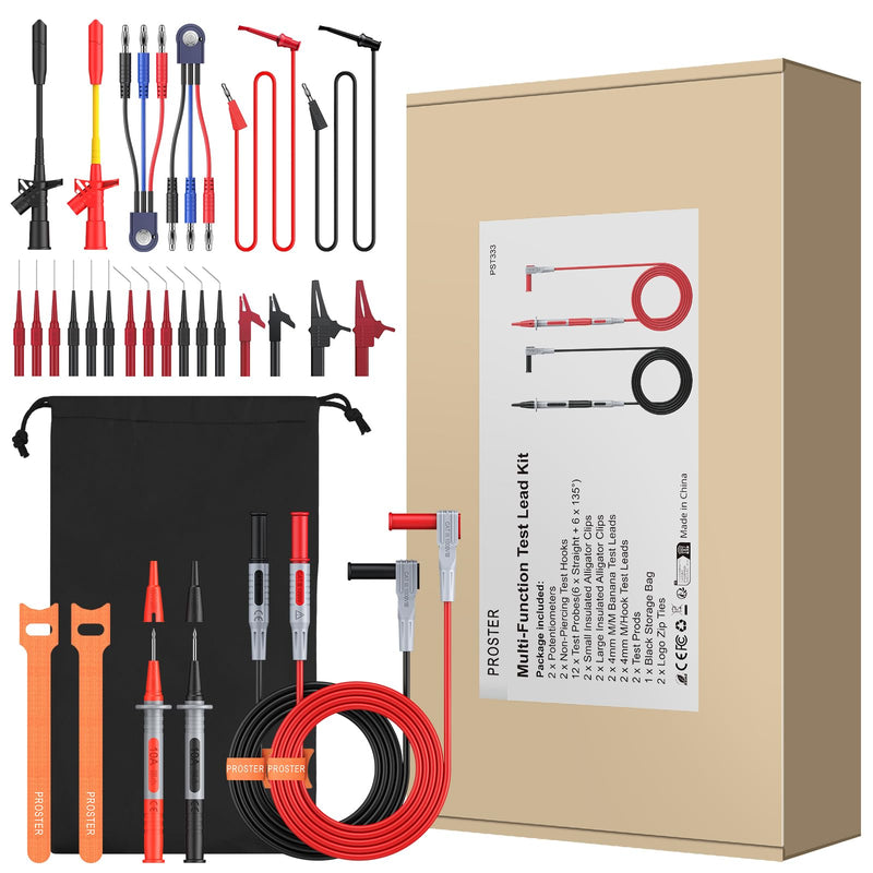 Proster Multimeter Test Leads Kit 26pcs - Multi Testers Replacement Test Leads with Alligator Clips Test Probe Spring Test Hook Test Prods Storage Bag Electric Tester Leads for Multimeter Tester Test Leads 26pcs