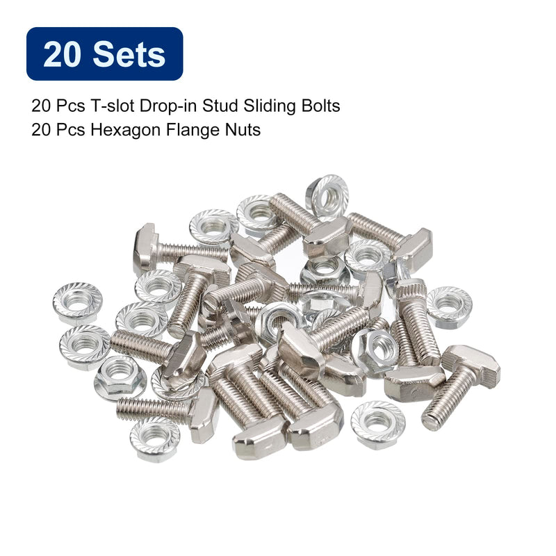 [Australia - AusPower] - uxcell M6x20mm T Slot Drop-in Bolt and M6 Hexagon Flange Nut Set, 20 Sets Hammer Head T-Bolt T Shape Stud Sliding Screw for European Standard 30 Series Aluminum Profile 