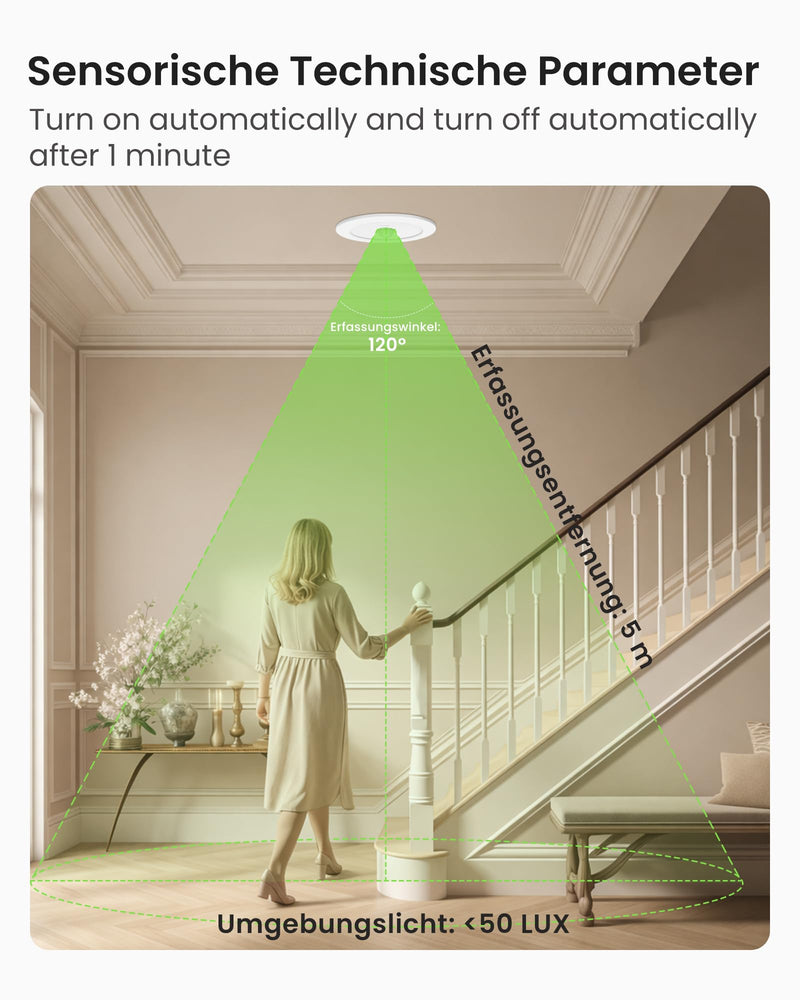 Alusso 3CCT LED Recessed Spotlight 230 V Motion Sensor 12 W Hole Size 90-100 mm | PIR Spotlights Warm White Neutral White Cool White IP44 Ceiling Spotlights Recessed Lights for Hallway Staircase Porch White 12 W White With Motion Sensor, Set of 1