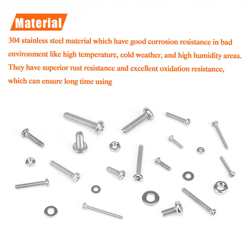 [Australia - AusPower] - 1280 Pieces M2 M2.5 M3 M4 304 Stainless Steel Phillips Pan Head Machine Screws, Metric Screws Bolts Washers Nuts Kit, 304 Stainless Steel 