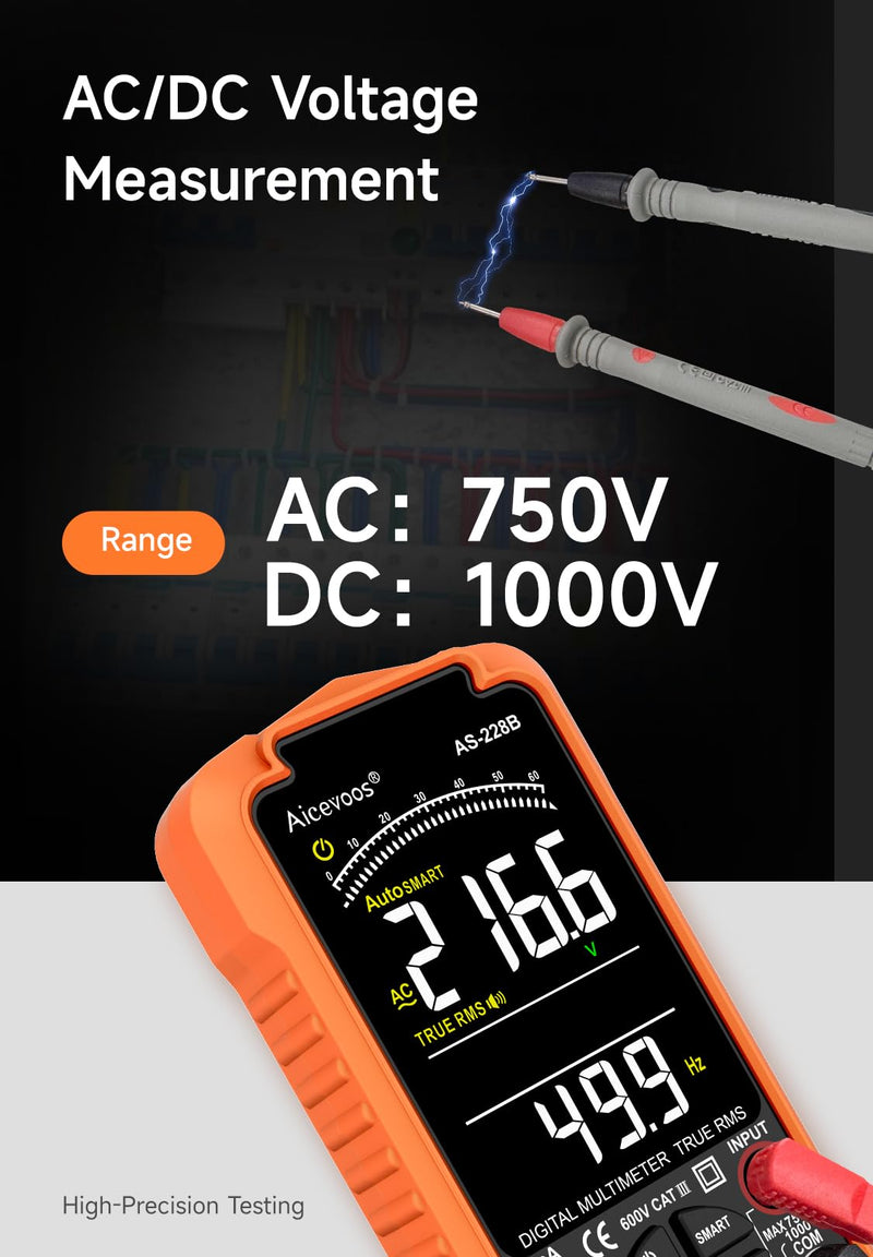 [Australia - AusPower] - AS-228B Smart Digital Multimeter, Auto-Ranging Volt Meter, TRMS 6000 Counts Voltage Tester Measures Voltage, Capacitance, Frequency, NCV, Ohm, Continuity, Diode, Live Wire for DIY 