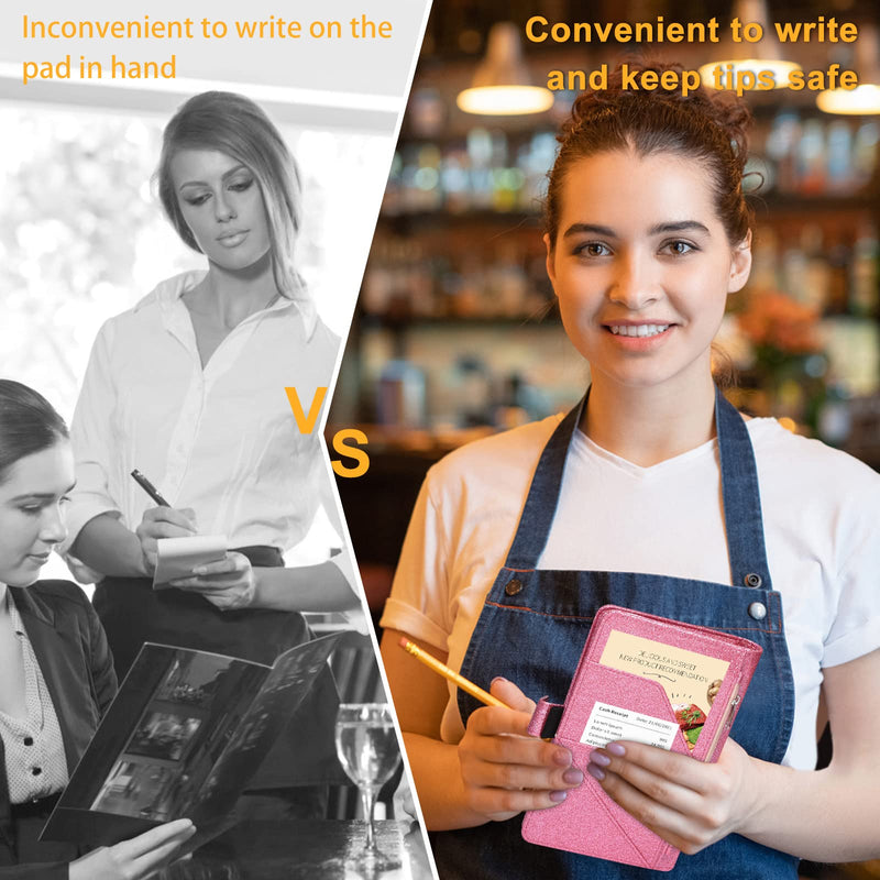 [Australia - AusPower] - Server Book for Waitress - Leather Waiter Book Server Wallet with Zipper Pocket, Cute Serving Book&Server Note Pads Holder with Magnetic Closure, Glitter Pink 