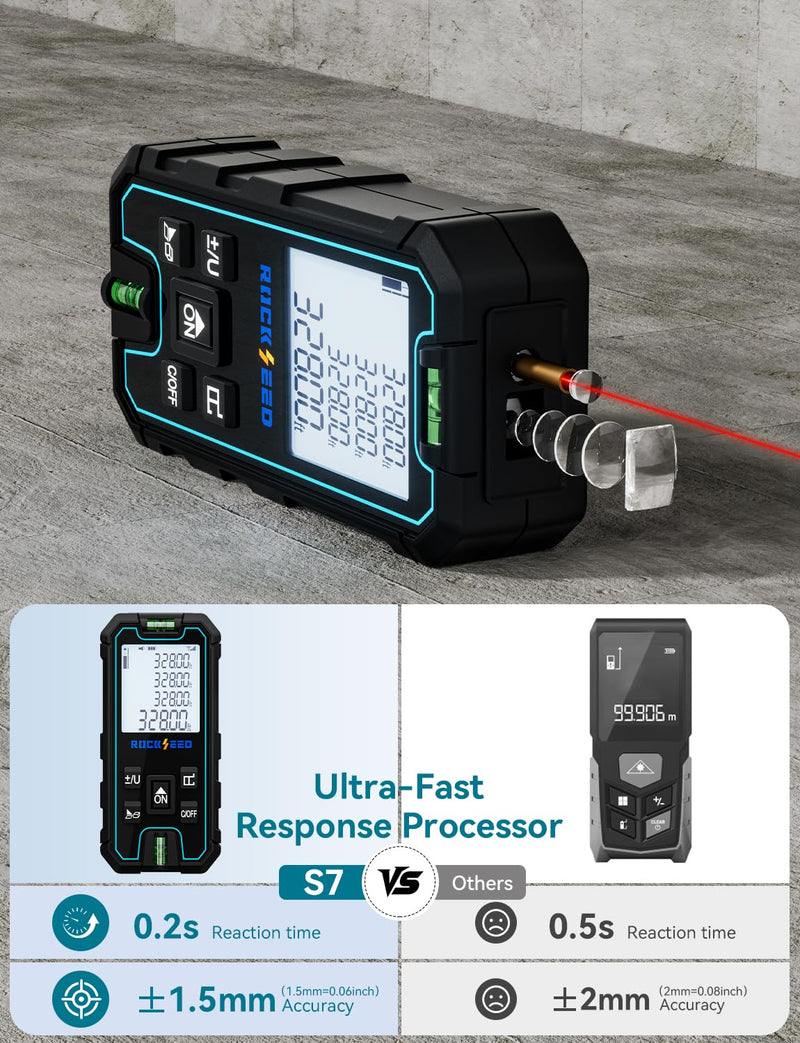 Laser Measuring Tool 165 Feet, RockSeed Portable Laser Measure, Digital Distance Measurement with 2 Bubble Levels, Laser Tape Measure with 5 Units Conversion Red Laser 328ft