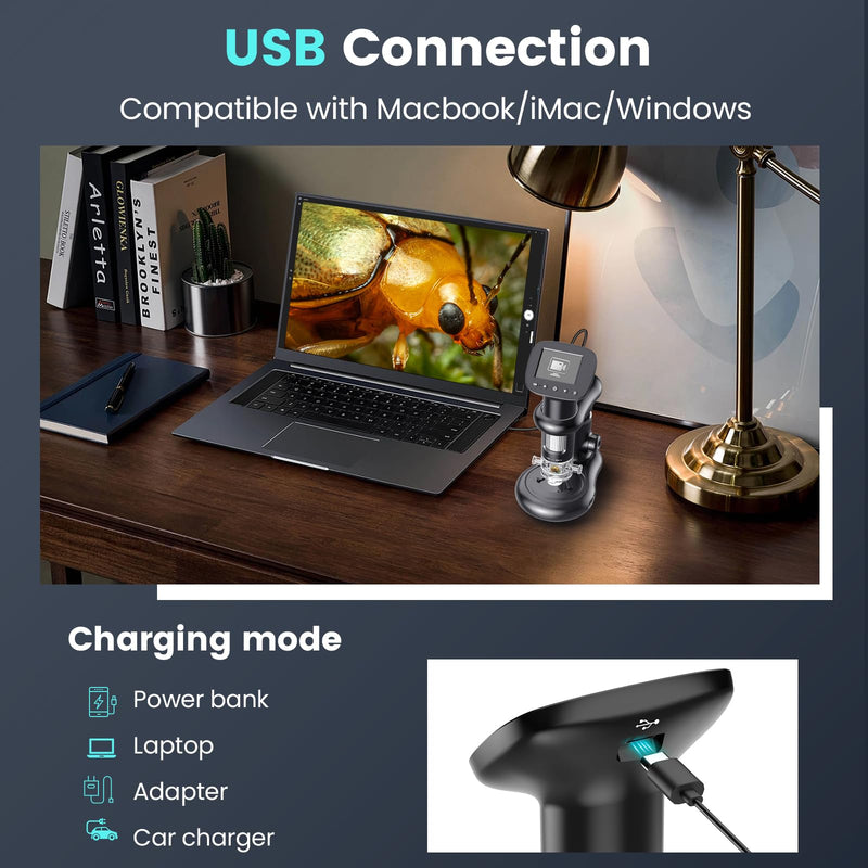 [Australia - AusPower] - Kids Microscope for Ages 8-12, Handheld Digital Microscope D-MS1 with 2" IPS Screen - Take Pictures & Videos - Download to PC & Mac - 1000X Pocket Microscope, Used Birthday for Kids black-B 