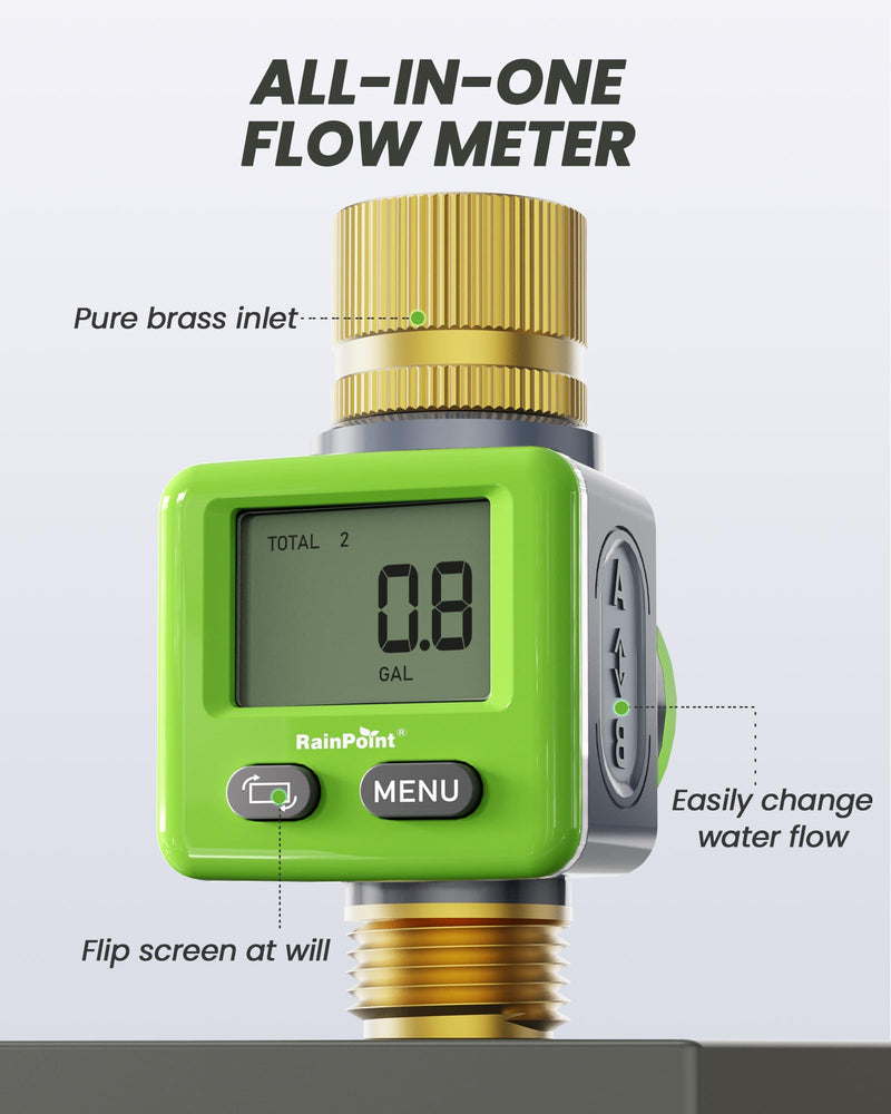 [Australia - AusPower] - RAINPOINT Water Flow Meter, ±5% Accuracy, Pure Brass Inlet & Outlet Water Meter, 180° Screen-Flip, 4 Measure Modes for Outdoor Garden Hose, Lawn Sprinkler Watering, RV Water Tank Filling, Green 