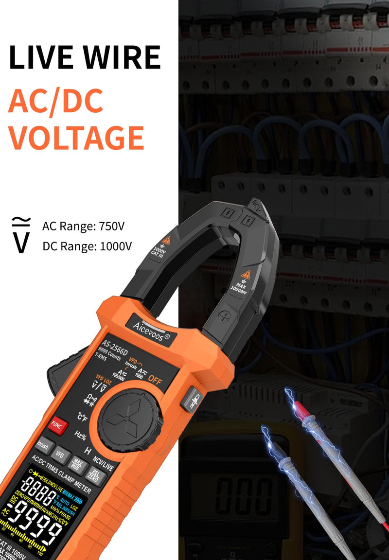 [Australia - AusPower] - Inrush Digital Clamp Meter Multimeter 1000A TRMS 6000 Counts, Amp Voltage Tester with VFD, LOZ Mode; Measures AC/DC Current Voltage Temperature Resistance Capacitance Frequency Continuity NCV 
