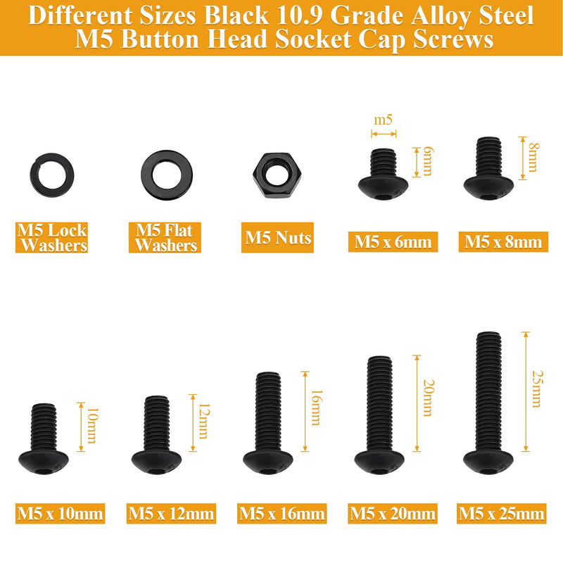 [Australia - AusPower] - 245 Pieces M5 Screws Nuts Washers Set Black, Sutemribor M5 x 6/8/10/12/16/20/25mm Button Head Socket Cap Screws Nuts Washers Assortment Kit, 10.9 Grade Alloy Steel, Fully Threaded 