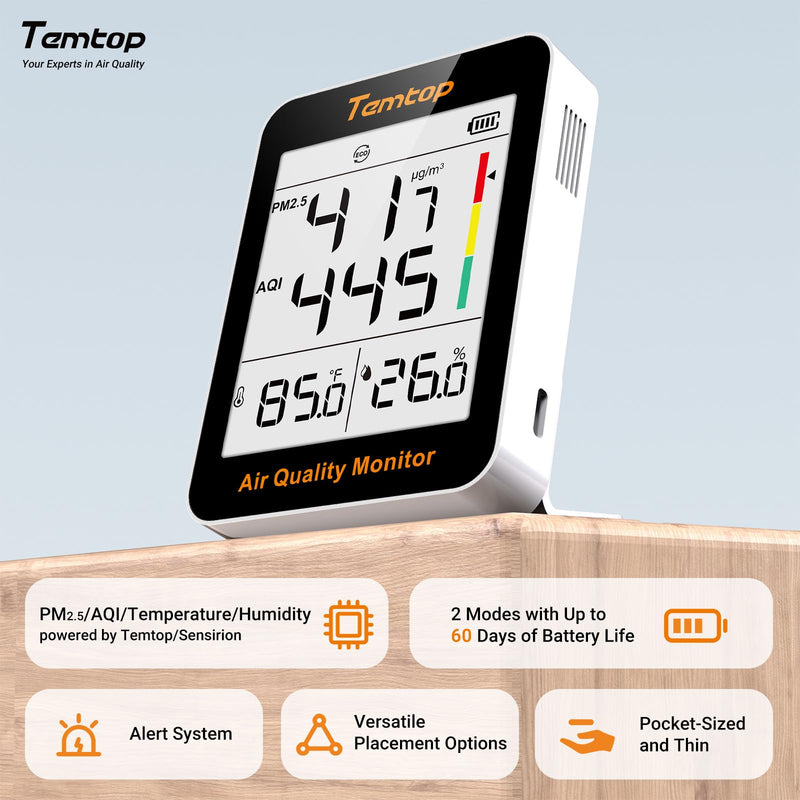 [Australia - AusPower] - Temtop S1-UP Air Quality Meter PM2.5, AQI, Temperature and Humidity, Ultra Long Battery Life of 100 Days, Ideal for Home and Office S1-up(Extended Standby) 
