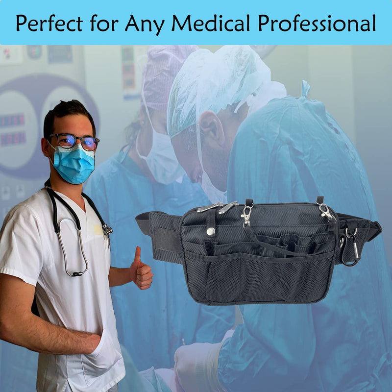 [Australia - AusPower] - Nurse Fanny Pack with Multi-Compartment Medical Waist Bag with Tape and Stethoscope Holder Utility Storage for Medical Supplies for Student and Nurses (Black) Black 