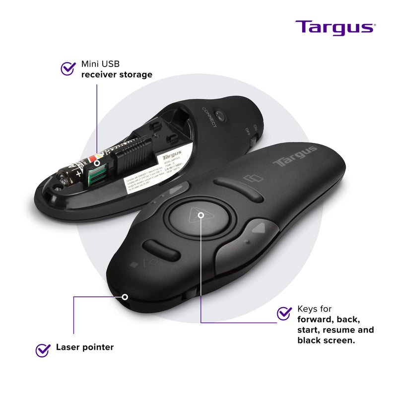 [Australia - AusPower] - Targus Bluetooth Wireless Presentation Clicker Laser Pointer for Meetings and PowerPoint – Comes with USB Dongle, 50 Foot Range (AMP16US) Wireless Presenter with Laser Pointer 