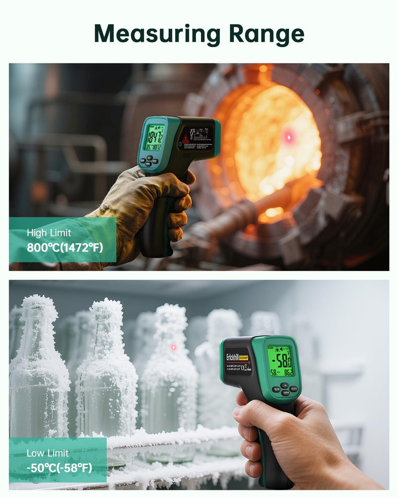 [Australia - AusPower] - ERICKHILL Infrared Thermometer Gun, Dual Mode IR Laser Thermometer with -50°C~800°C and Meat Probe (-50°C~300°C), Non-Contact Digital Thermometer for Cooking, BBQ, and Industrial Use 