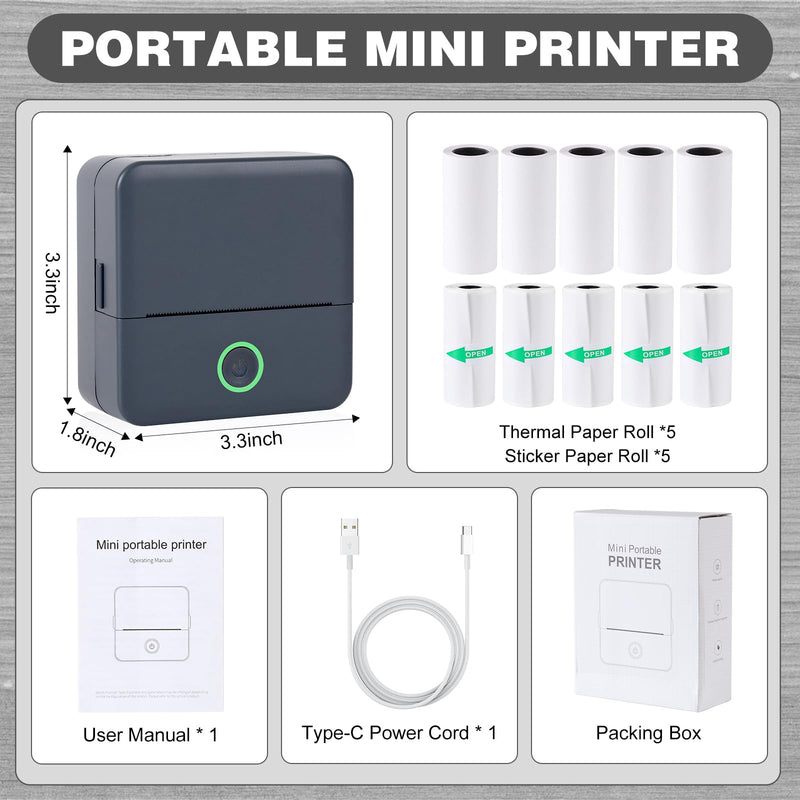 cudinham Print Pods Mini Printer, Sticker Printer with 10 Rolls Thermal Printing Paper, Inkless Pocket Printpod for Phone, Impresora Portátil for Notes, DIY, Compatible with iOS & Android (Grey) Grey