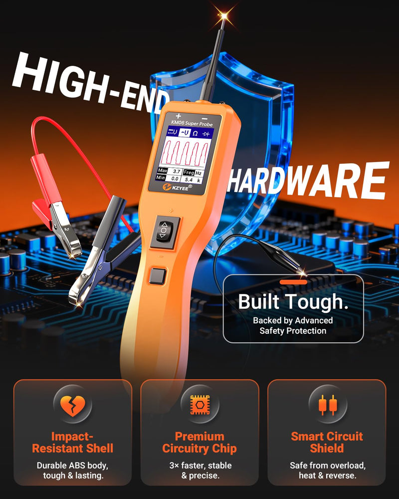 KZYEE KM06 Automotive Power Circuit Probe Tester 8-35V, All-in-One Electrical Diagnostic Tool with Component Activation, Short Circuit Finder, Wire Tracer & Trailer Light Tester for Cars, Trucks & RVs Amber Orange