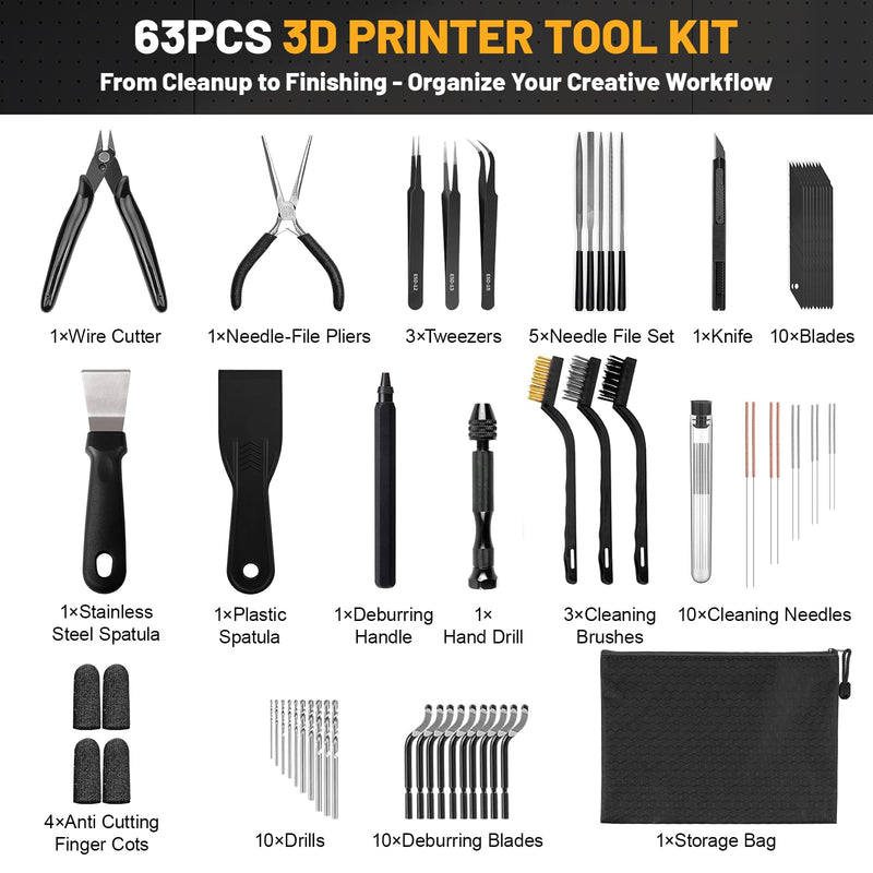 63 Pcs 3D Printer Tools, 3D Printing Tool Kit Including Deburring Tool, Nozzle Cleaning Tools, Metal Files, Brushes, Hand Drill, Wire Cutter, Tweezers for 3D Print Removing, Cleaning