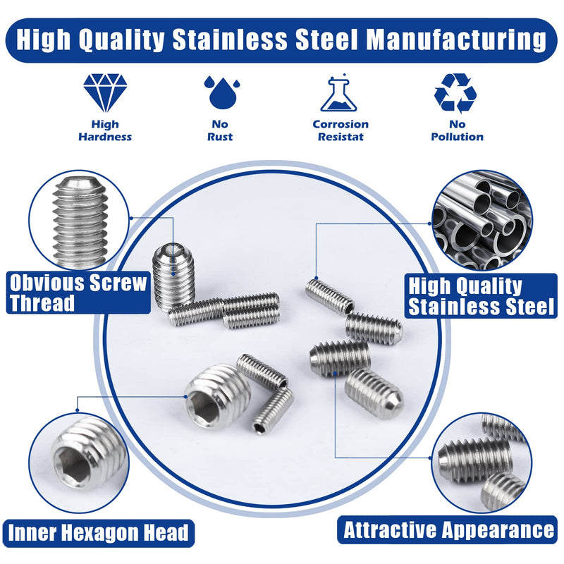 [Australia - AusPower] - 1000pcs Metric + SAE Set Screw Assortment Kit, Internal Hex Drive Cup-Point Allen Screws Set 304 Stainless Steel Grub Screw (M3-M8, 1/8""-40 to 5/16""-18) Silver Set Screws 1000PCS 