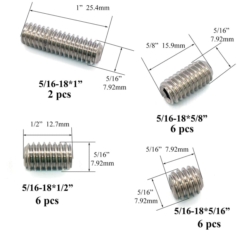 [Australia - AusPower] - 20pcs 5/16-18 Inch 4 Sizes Thread Hex Socket Set Screw Assortment kit – 304 Stainless Steel Full Thread Cup Point Grub Screws Set Screw for Bathroom Fixtures, Door Handles, Light Fixtures etc 304ss 5/16-18 4 Sizes-20pcs 