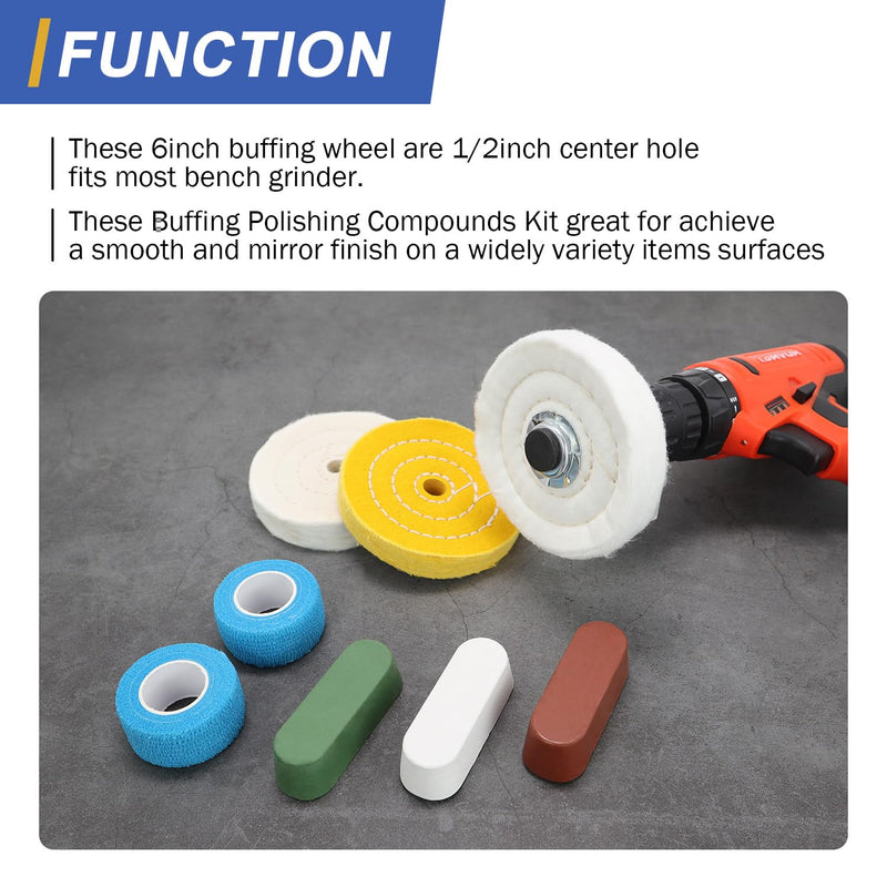 SCOTTCHEN 4inch Buffing Polishing Wheel with 1/4" Shank for Drill, 1/2" Arbor Hole,Soft/Fine/Medium -3pcs,with Buffing Polishing Cutting Compounds 7.4 Oz.Kit,with 2 Pack Non-Woven Bandage Multi 9pcs 4 inch