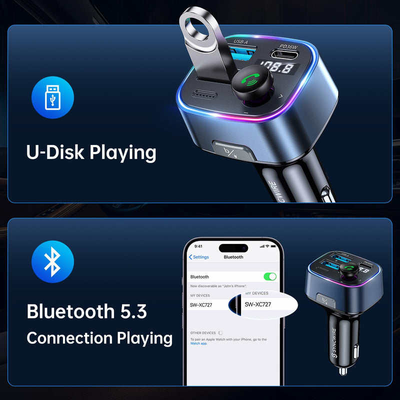 [Australia - AusPower] - Syncwire Bluetooth 5.3 FM Transmitter Car Adapter 48W(PD 36W & 12W) [Light Switch] [Hi-Fi Deep Bass] [Fast Charging] Wireless Radio Music Adapter LED Display Hands-Free Calling Support USB Drive Dark Blue 