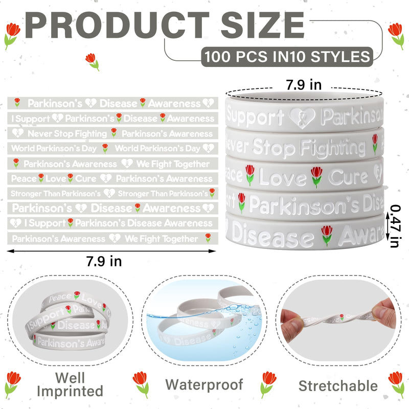 [Australia - AusPower] - 100 Pcs Parkinson's Disease Awareness Wristband Silicone Grey Ribbon Wristband 10 Styles with Inspirational Phrases for World Parkinson's Day Campaign Endorsement 