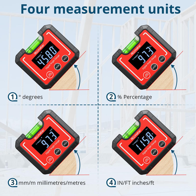 [Australia - AusPower] - Digital Angle Finder Magnetic ±0.1° Accuracy - Professional Woodworking Table Saw Inclinometer with IP52 Protection & Bubble Level Red 