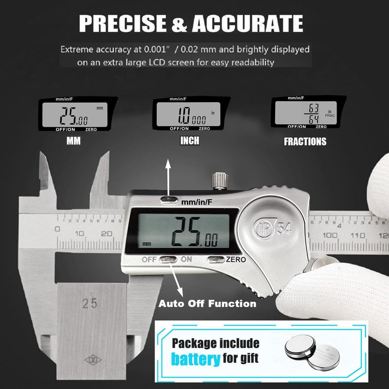 Digital Caliper Micrometer Measuring Tool, 6 Inch /150mm | Stainless Steel, Electronic Vernier Calipers, IP54 Waterproof, Accuracy Gauge Switch, Inch Metric Fraction,with LCD Screen