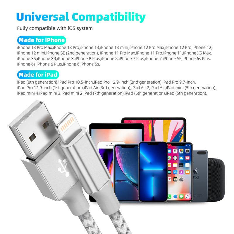 [Australia - AusPower] - iPhone Charger 3pack 10FT Apple MFi Certified Long Lightning Cable Fast Charging High Speed Data Sync USB Cable Compatible iPhone 14 13/12/11 Pro Max/XS MAX/XR/XS/X/8/7/Plus/6S (Grey White) Grey White 