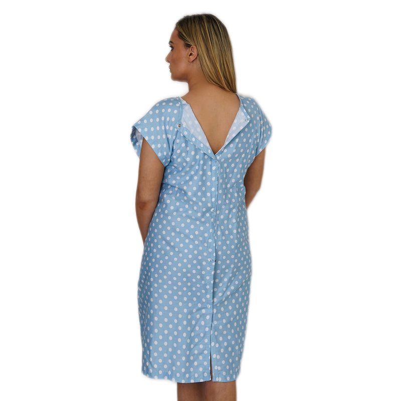 [Australia - AusPower] - Hospital Gown for Women Labor & Delivery, 100% Cotton Easy Snap Back Closure, Shoulder Snap Polkadot Patient Gown Large-X-Large Blue 