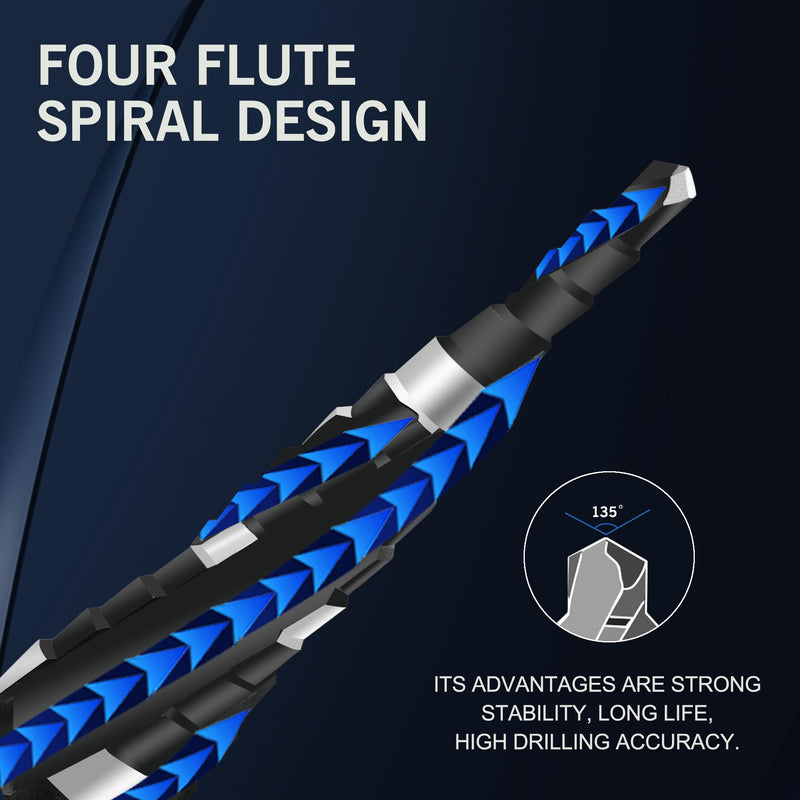 GMTOOLS M35 Four Spiral Flute Cobalt Step Drill Bit Set 1/8"-7/8", Industrial Grade Wear-Resistant TiAlN Coated 1/4" Hex Shank Step Bit for Metal, Stainless Steel, Aluminum, Wood, Plastic (3pcs) Four blade 3PC