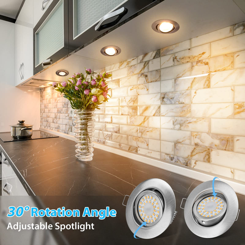 LED Recessed Spotlight, 230 V, Flat, Dimmable, Spotlights, 3 Levels, 6 W, IP44, Bathroom Recessed Lights, Ceiling Spotlights, Warm White, 3000 K, Swivelling Recessed Spotlights for Bathroom, Kitchen, Living Room, Set of 6