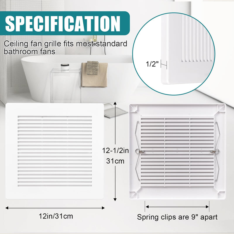 Bathroom Exhaust Fan Cover with Spring,(2 Piece 12"x 12") Grille Bathroom Fan Cover Replacements, White ABS Plastic Cover Square Ceiling or Wall-Mount Exhaust Fan,Air Diffuser cover 2P 12x12 inch