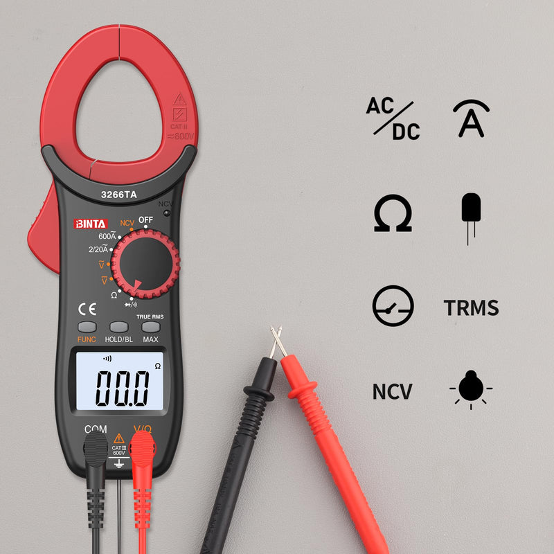 BINTA Current Clamp 600A 2000 Counts TRMS Auto Ranging AC/DC Current | Digital Current Meter Clamp Meter with LED Backlight AC/DC for Voltage Current Resistance Diodes NCV 2,000 count