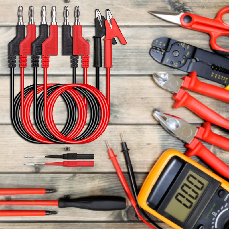 [Australia - AusPower] - Hejo 6 Piece Test Leads Set with Crocodile Clips Cable, 4 Pieces 4 mm Banana Plug Cable with 2 Pieces Test Probes, 1 m Measuring Cable for Multimeter (Red and Black) Pack of 6 - 2 colours 