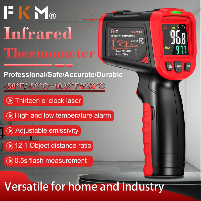 [Australia - AusPower] - FKM Infrared Thermometer Gun,Non Contact Laser Thermometer Gun for Industrial,HVAC,Engine,Kitchen Cooking,Digital IR Temperature Gun -58°F~1112°F(-50°C~600°C) Adjustable Emissivity,Not for Human Red(Upgrade screen display / -58°F~1112°F / 12:1) 