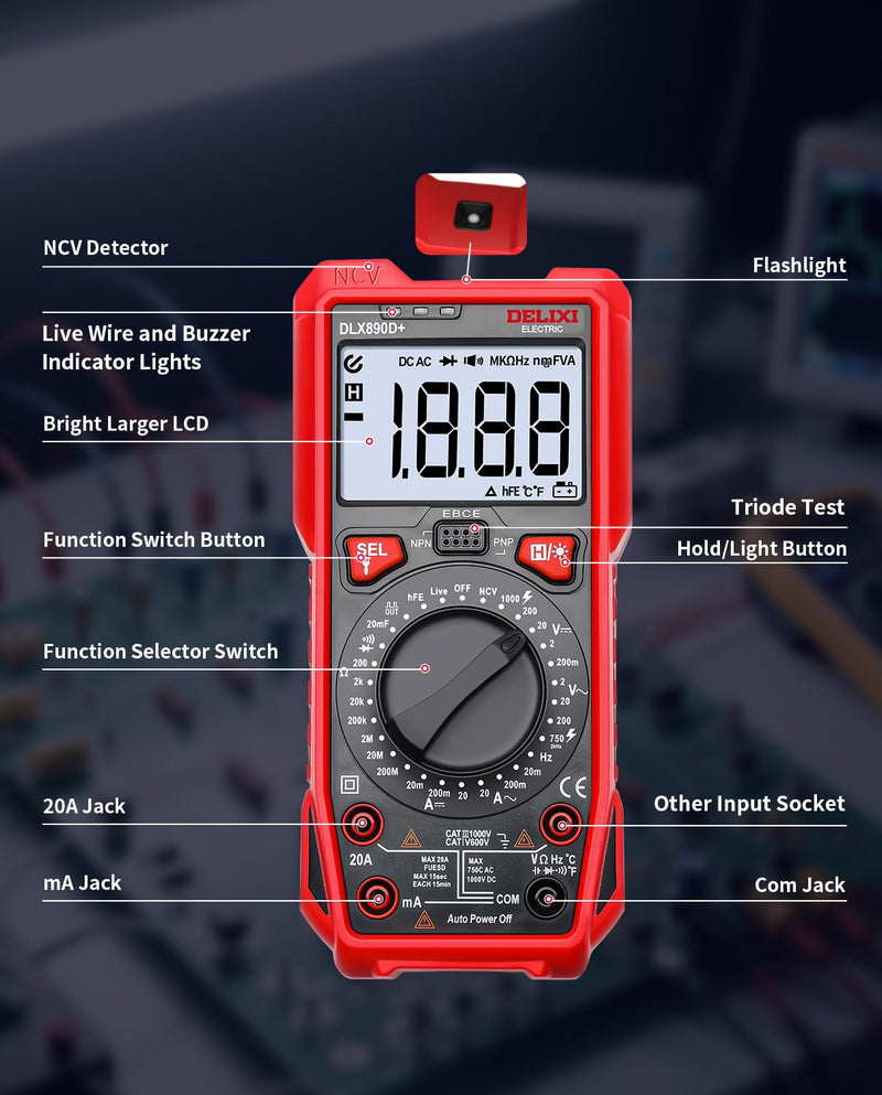 [Australia - AusPower] - DELIXI Digital Multimeter, Manual Range Tester with High Accuracy Measures Voltage, Current, Resistance, Capacitance, NCV, Dual Ceramic Fuses Included 890d 