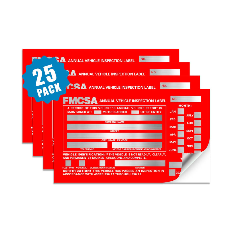 Annual Vehicle Inspection Label 25 Pack 1.6 mil Aluminum Label with Permanent Self Adhesive 6" x 3.5" Meet AVIR Requirements Red