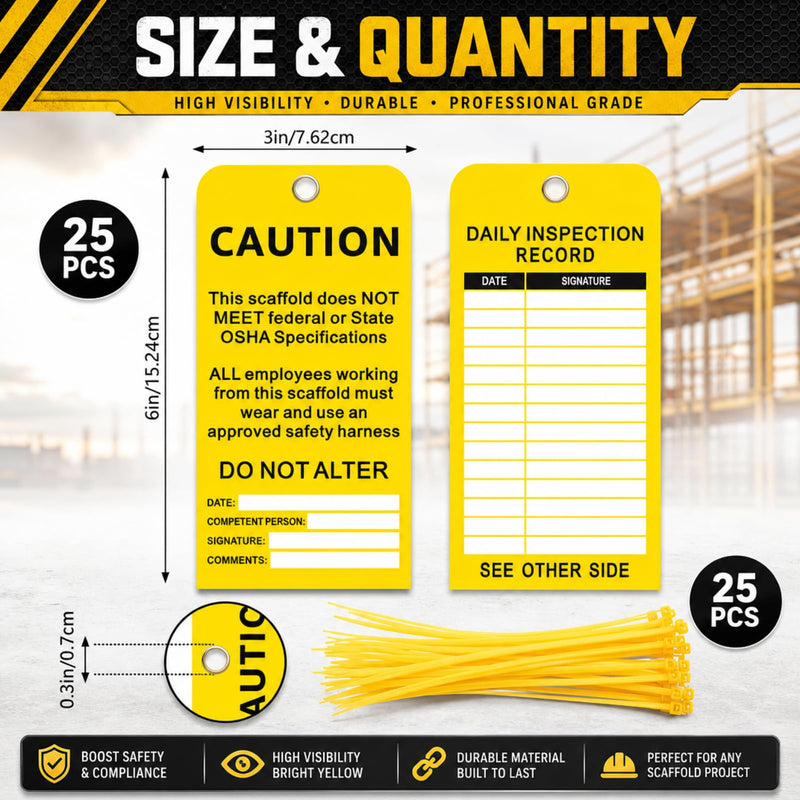 25 Pack Scaffold Status Tags with Cable Ties Yellow Caution Scaffold Tag Laminated Cardstock Safety Inspection Warning Signs 3 x 6 Inches, Weatherproof Tear-Resistant Yellow Tags