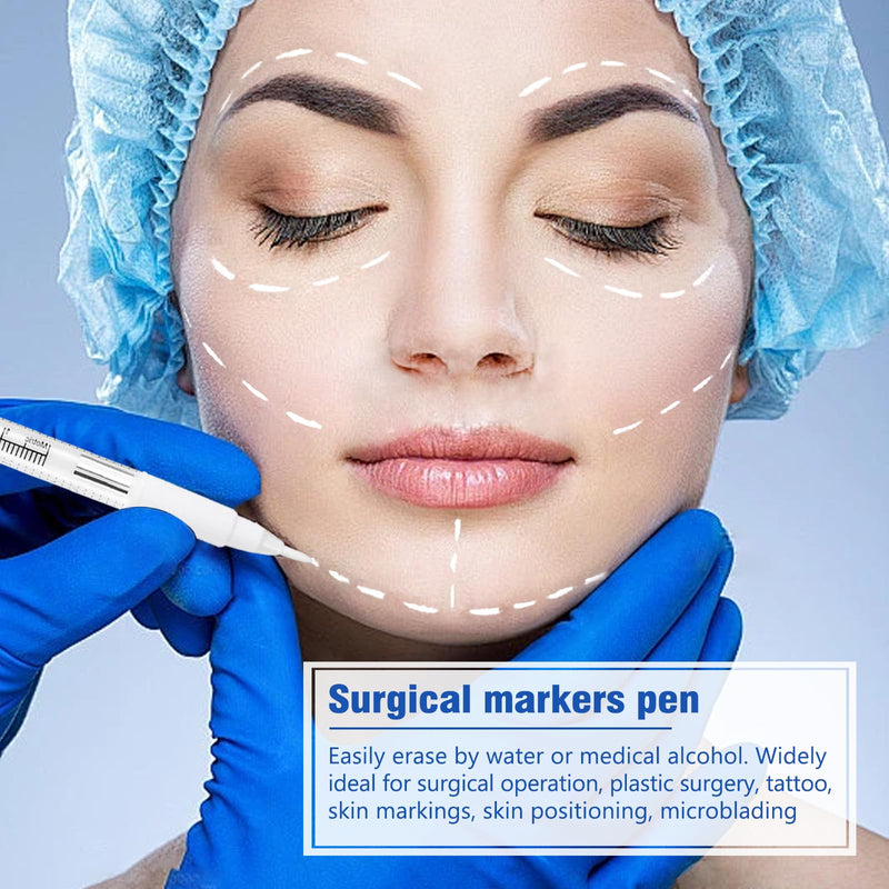 [Australia - AusPower] - 6Pcs Professional Surgical Tip Skin Marker Pen White Stencil Markers Pen with Paper Ruler for Eyebrow, Tattoo Skin Marking Individually Wrapped 1.0 MM 