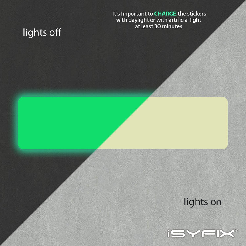 iSYFIX Glow in the Dark Strips Stickers - 30 Pack, 4x1 Inch - Premium Self-Adhesive Photoluminescent Vinyl, Safety Sticker, Perfect to mark Stairs, Exits, Steps, Garages, Home, Office, Switches, Walls