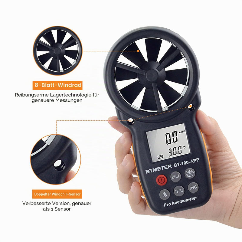 BTMETER Digital Anemometer - Handheld Wind Gauge - Digital LCD Meter for Precise Wind Speed Measurement (CFM) with Max./Min./Average - LCD Backlight - for Shooting