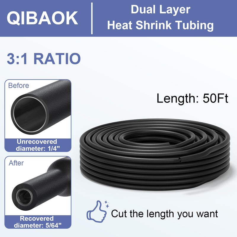[Australia - AusPower] - Qibaok Heat Shrink Tubing - 3:1 Ratio Adhesive Lined - Marine Grade Shrink Wrap Tubing - Industrial Heat Shrink Tube Electrical- 1/4" Black - 50 Feet Roll 1/4"(6.4mm) - 50Ft 