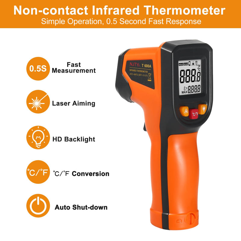 [Australia - AusPower] - Infrared Thermometer Non-Contact Digital Temperature Gun -50°C~600°C (-58°F~1112°F) with Emissivity Function IR Thermometer for Industrial, Kitchen Cooking, Automotive, Not for Human Body Temp 