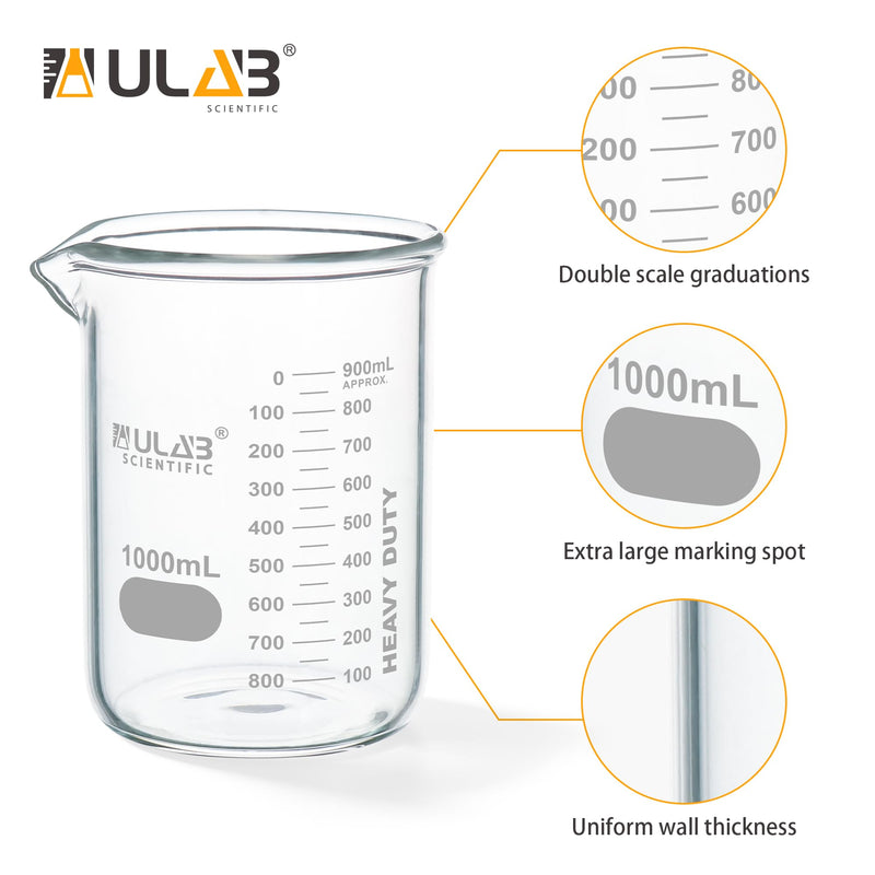ULAB Scientific Glass Beakers, Vol. 1000ml, 3.3 Borosilicate Griffin Low Form with Printed Graduation, Pack of 2, UBG1017 Vol.1000ml,Pack of 2