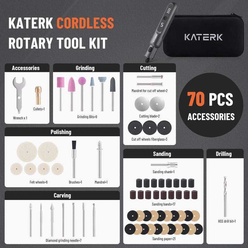 Katerk Mini Cordless Rotary Tool, 5-Speed Rotary Tool Kit, 5000-20000RPM & 70 Accessories, Multi-Purpose 3.7V Power Rotary Tool for Sanding, Engraving, Polishing, Drilling, DIY Crafts, 3D Printing Grey