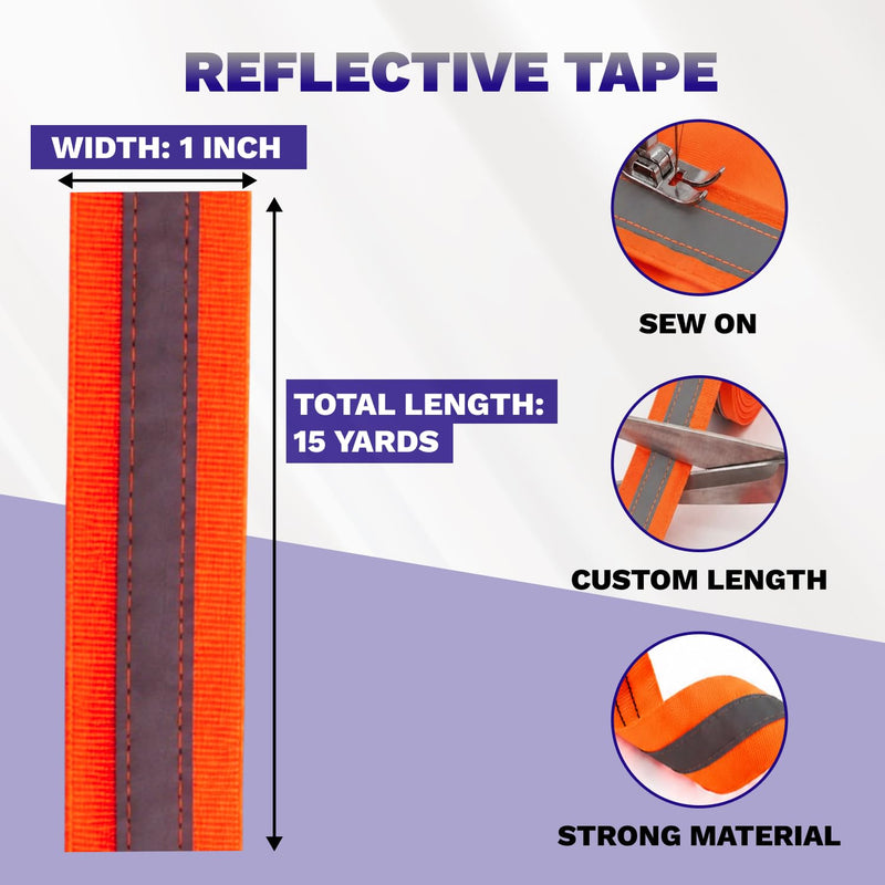 1'' x 49 ft Orange Reflective Tape for Clothing High Visibility Sew On Silver Warning Fluorescent Ribbon Safety Fabric Ideal for Raincoats Decor Shoes Bags Clothes Belt Jacket Pants 1'' x 49 ft