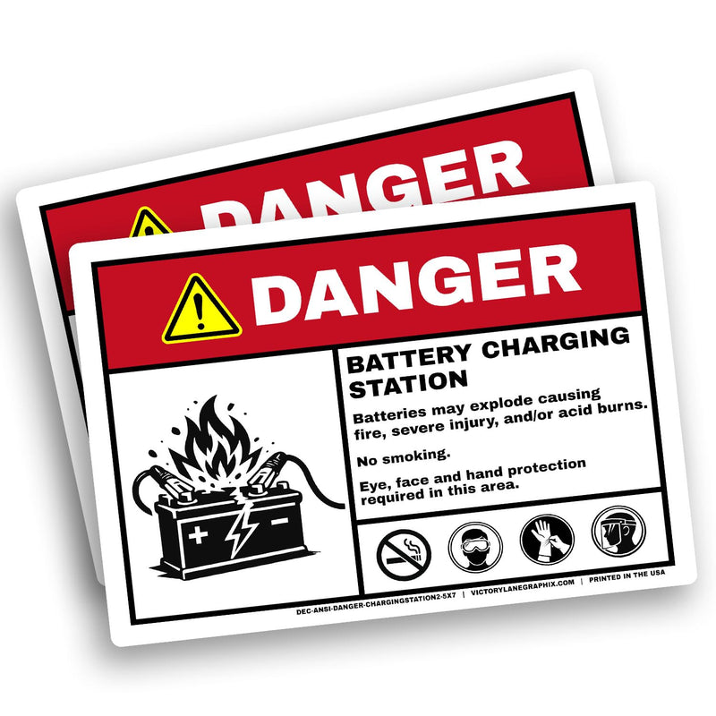 Battery Charging Station Danger Sign (2-Pack) – 5x7 ANSI Z535 Safety Labels with Large Hazard Graphic – No Smoking PPE Warning Decals, ChargingStation#2