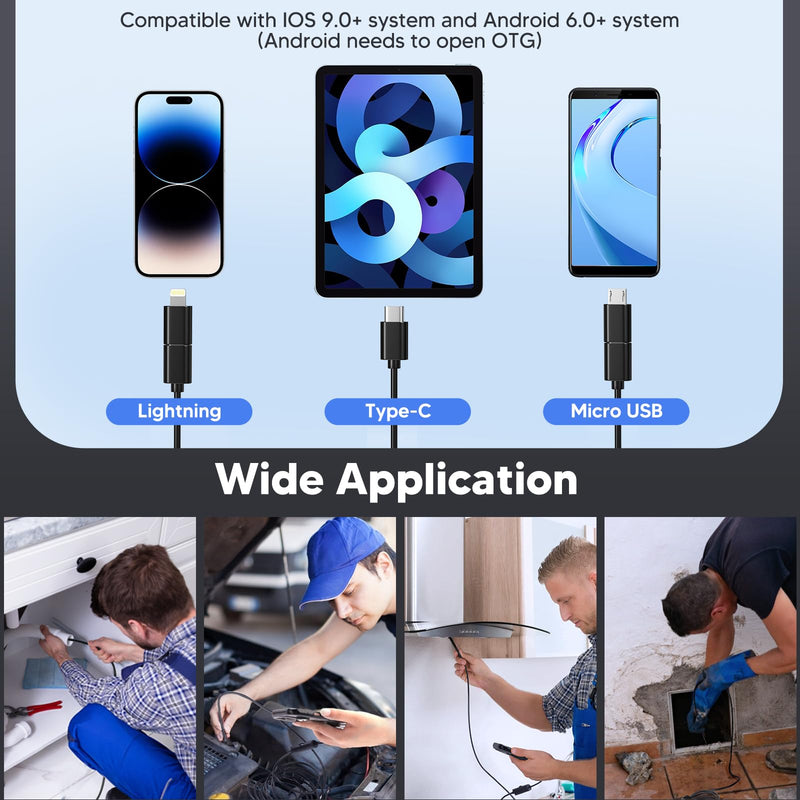 Endoscope Borescope with 8+1 Adjustable LED Lights, 11.5/16.4 FT Semi-Rigid Cable Snake Camera, IP67 Inspection Camera for Android and iOS Smartphone, Tablet (11.5 FT), Black 11.5 FT